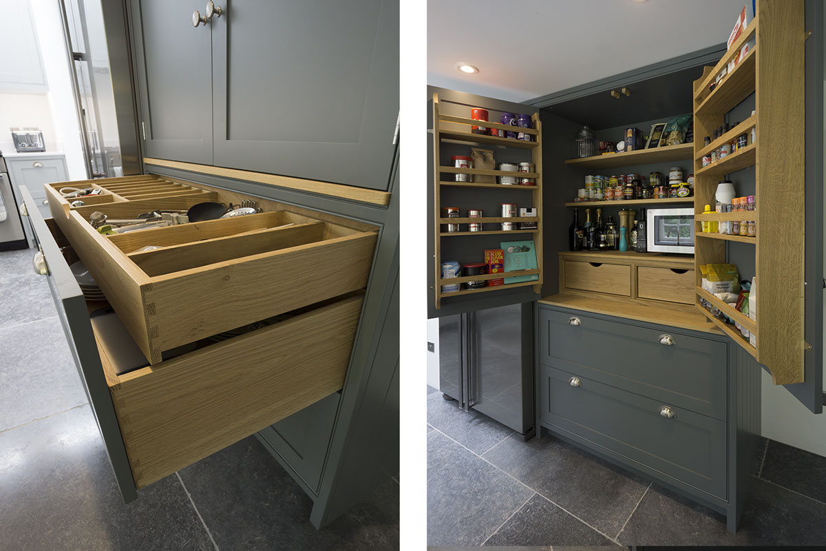 Modern dark kitchen drawer detail, matching bespoke larder