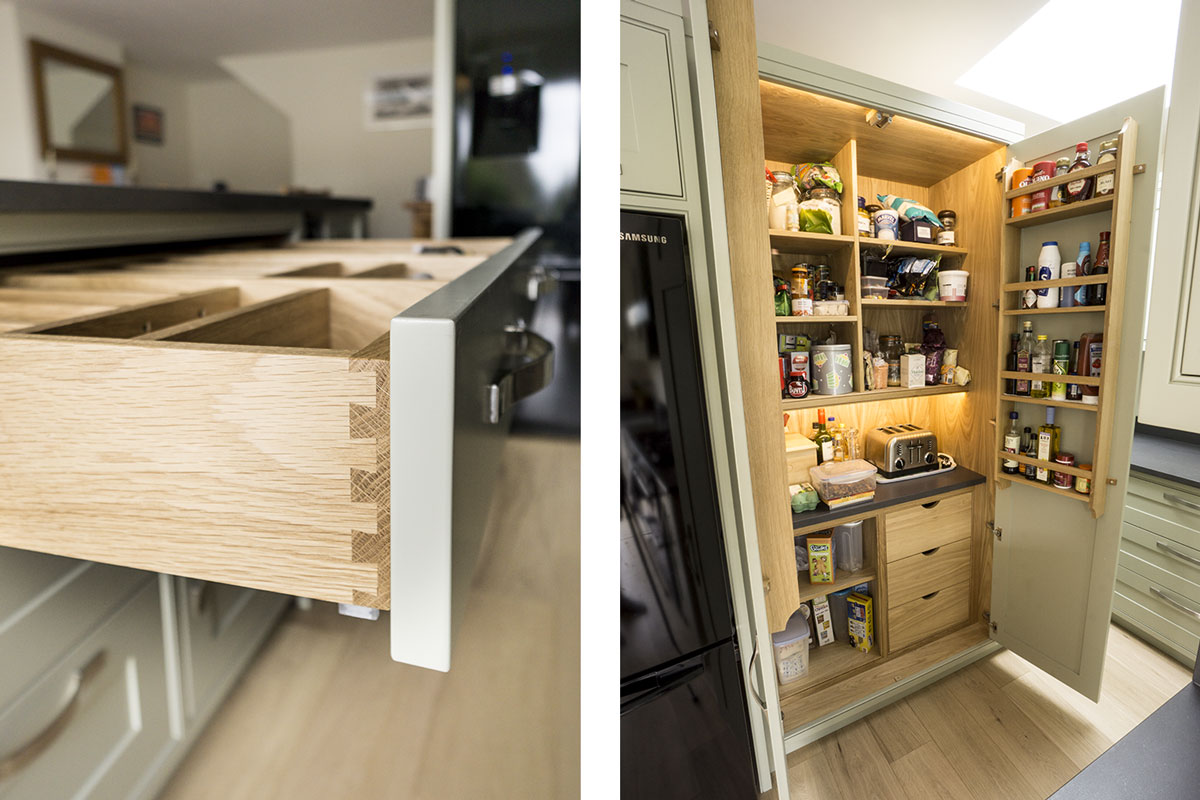 Detail of drawer joint and soliwood tray, open matching bespoke larder